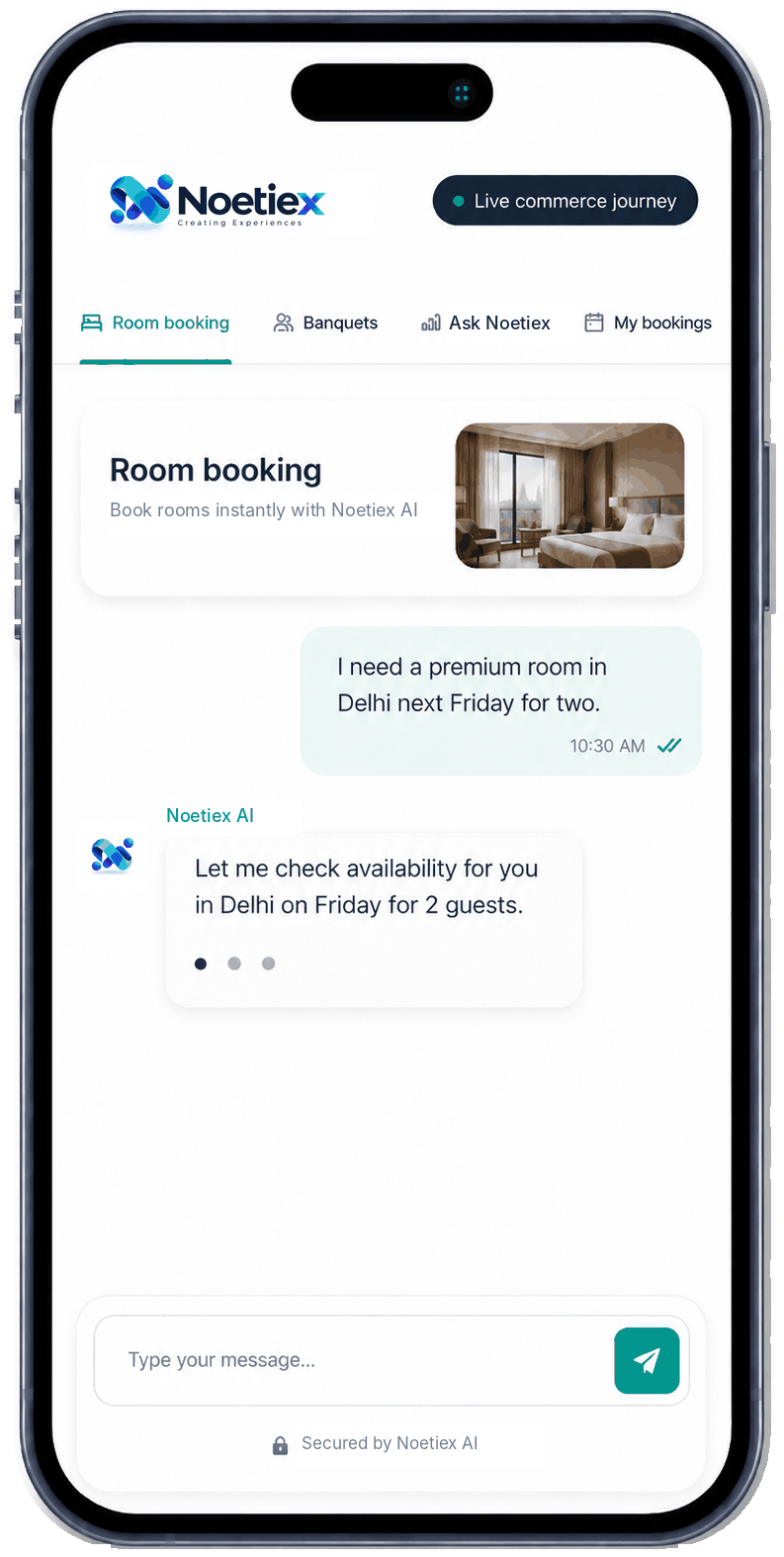 Noetiex AI animated room booking journey showing enquiry, room recommendations, governed negotiation, secure payment and booking confirmation